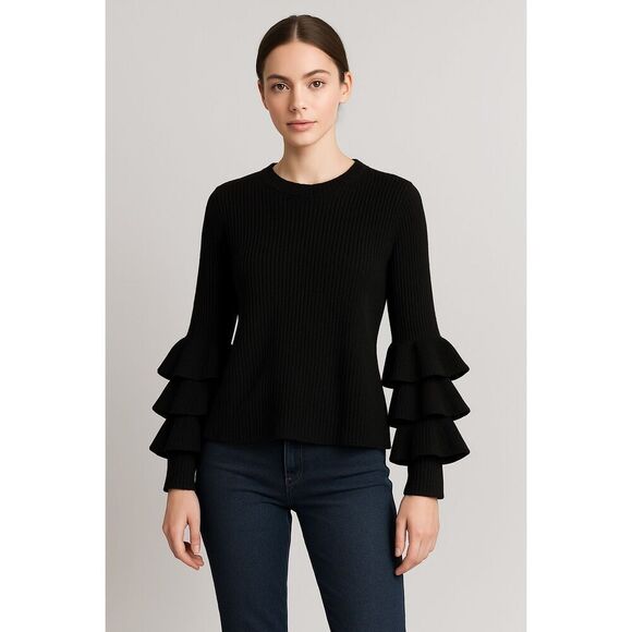 Saks Fifth Avenue Cashmere Tiered Ruffle Sleeve Sweater Black Size M - Picture 1 of 12